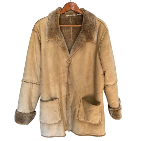 St John's Bay Tan Faux Suede & Shearling Coat Size 1X Ladies Faux Fur Lined Coat - Picture 1 of 8